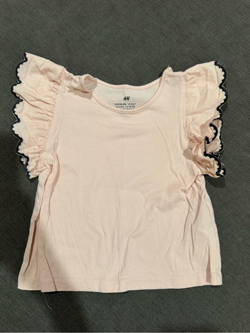 H&M Light Pink Tee with Navy Scalloped Ruffle Sleeves